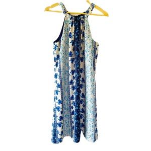 Sundance Blue & Beige Silk Floral Sleeveless Sun Dress L Boho Casual